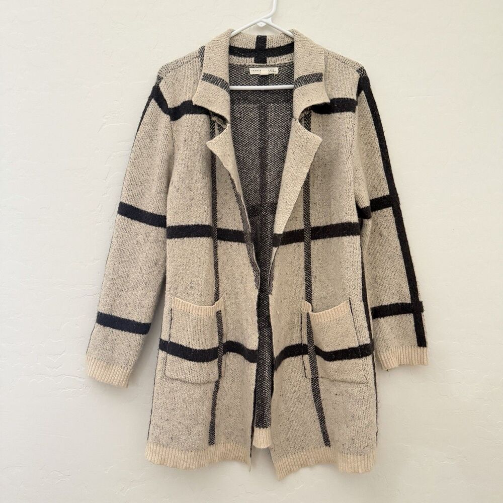 Farmers Market Oneworld Open Cardigan Sweater L Ivory Plaid Shawl Collar Cozy